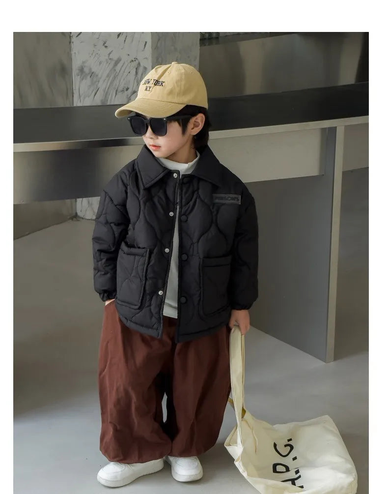 Autumn Kids Cotton Jacket Winter Boys Solid Color Thick Plus Velvet Warm Coat For 3-10 Years Teen Children Outerwear Clothing ﻿