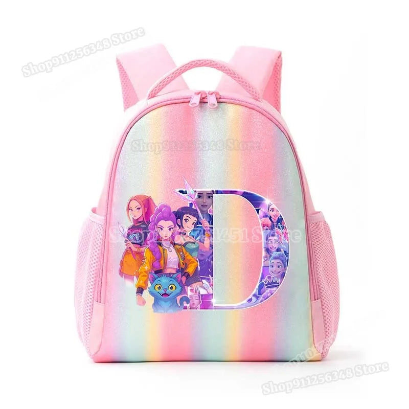 Anime K-pop Demon Hunters Letter A-Z Print Kids Backpack Girls Lightweight Casual School Back Pack Rainbow Color Mochilas Gifts