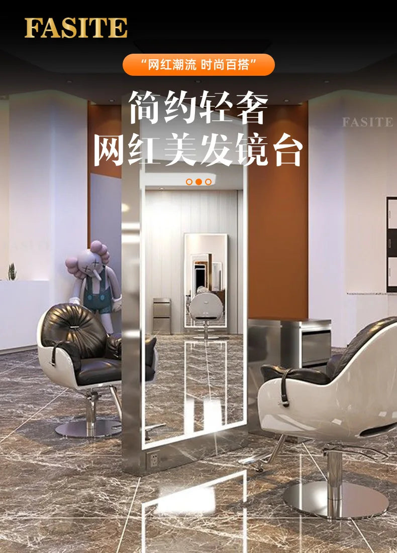 Rose gold, double-sided floor-to-ceiling  , barber shop mirror table, special perm and dyeing  , full-body hair cutting mirror.