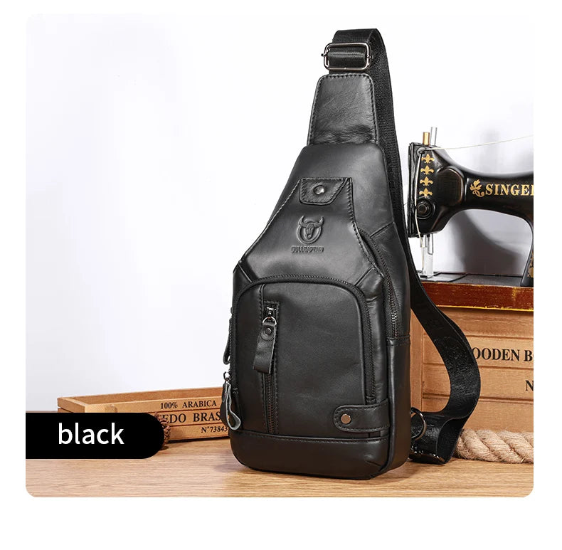 Bullcaptain Leather Large Capacity Chest Bag Men's Shoulder Bag with USB Port for Outdoor Casual Activities