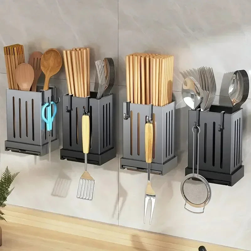 1pc Kitchen Chopsticks Holder Multifunctional Hanging Utensil Drying Rack Hooks No Drilling Wall Mounted Spoon Fork Holders