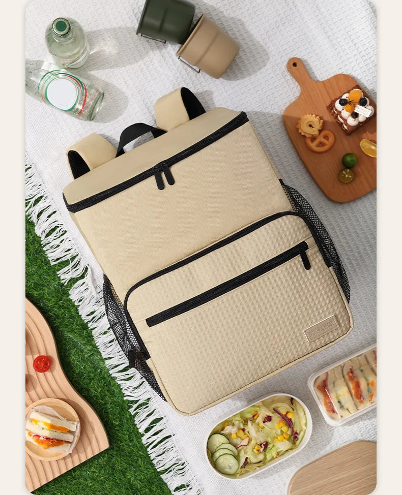 1pc Insulated Backpack Cooler Large Capacity Oxford Cloth Backpack Outdoor Travel Beer Bag Waterproof PEVA Lined Ice Bag