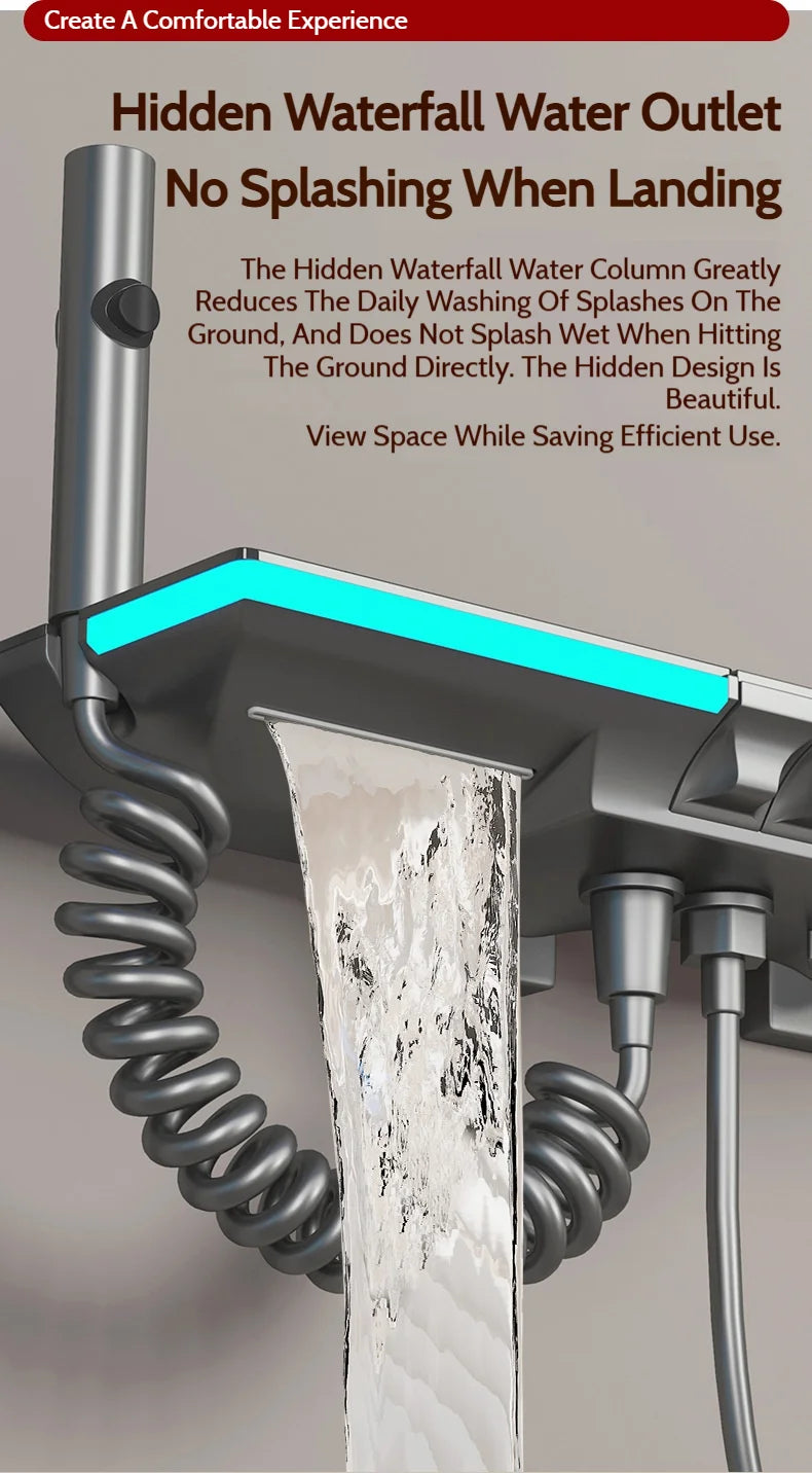 Grey Brass Waterfall Wall Mount Smart Temperature Digital Display Bathtub Faucet Bathroom Faucet Bath Shower Faucet Mixer Crane