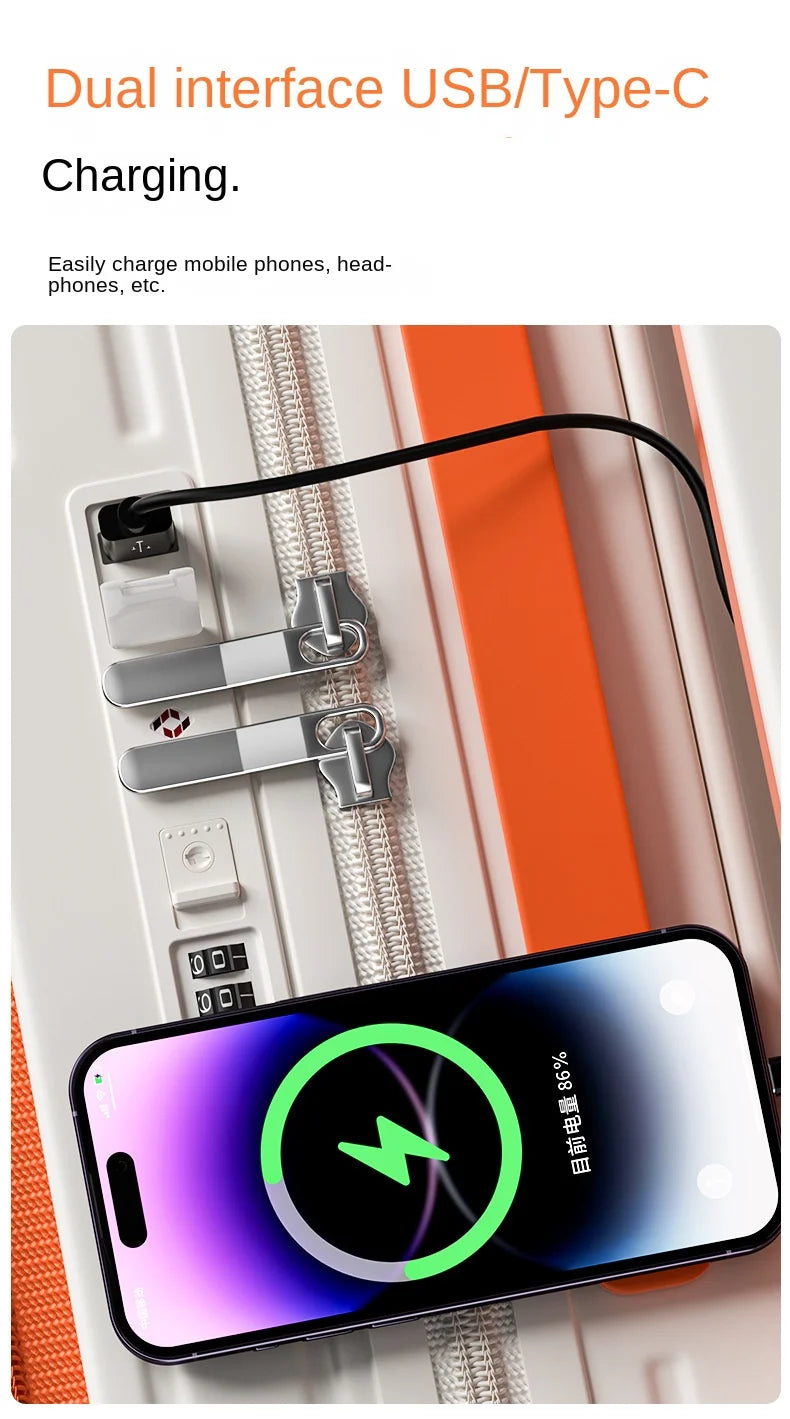 Travel Luggage Wide Tie Rod Suitcase Front Opening Laptop Boarding Case USB Charging 20"22"24"26 Inch Trolley Case with Wheels