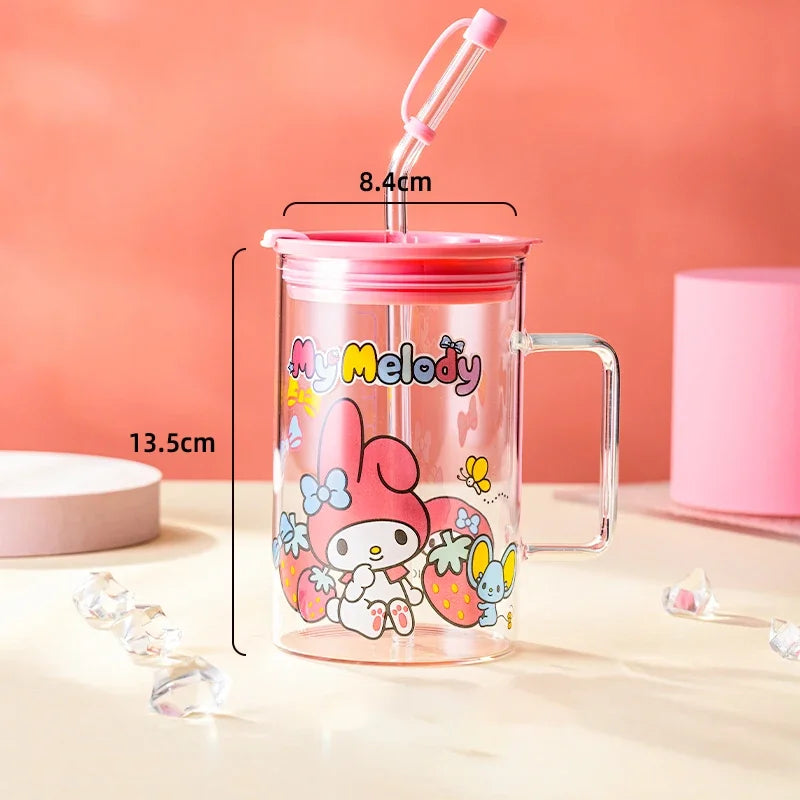 For Sanrio Collaboration Straw Glass Cup Transparent Coffee Mug Cartoon Print Water Cup with Scale＆Handle Home/Office Drinkware