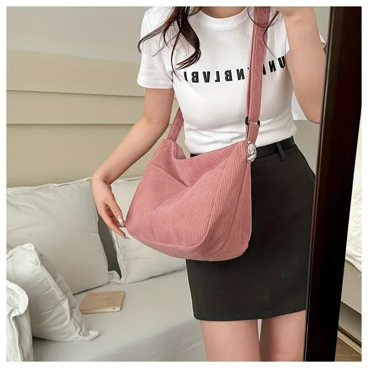 Women’s Corduroy Shoulder Bag Casual Striped Large Capacity Tote with Zipper Closure, Cute Hat Patch, Perfect for Everyday Use