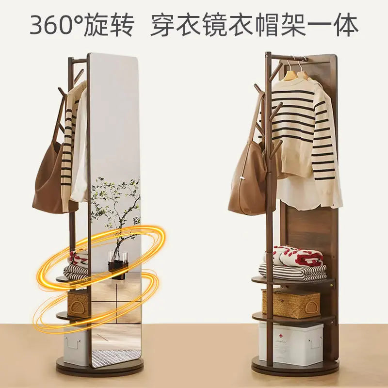Solid Wood Full Body Floor Mirror for Home Bedroom Rotatable Movable Dressing Room Mirror with Clothes Hanger