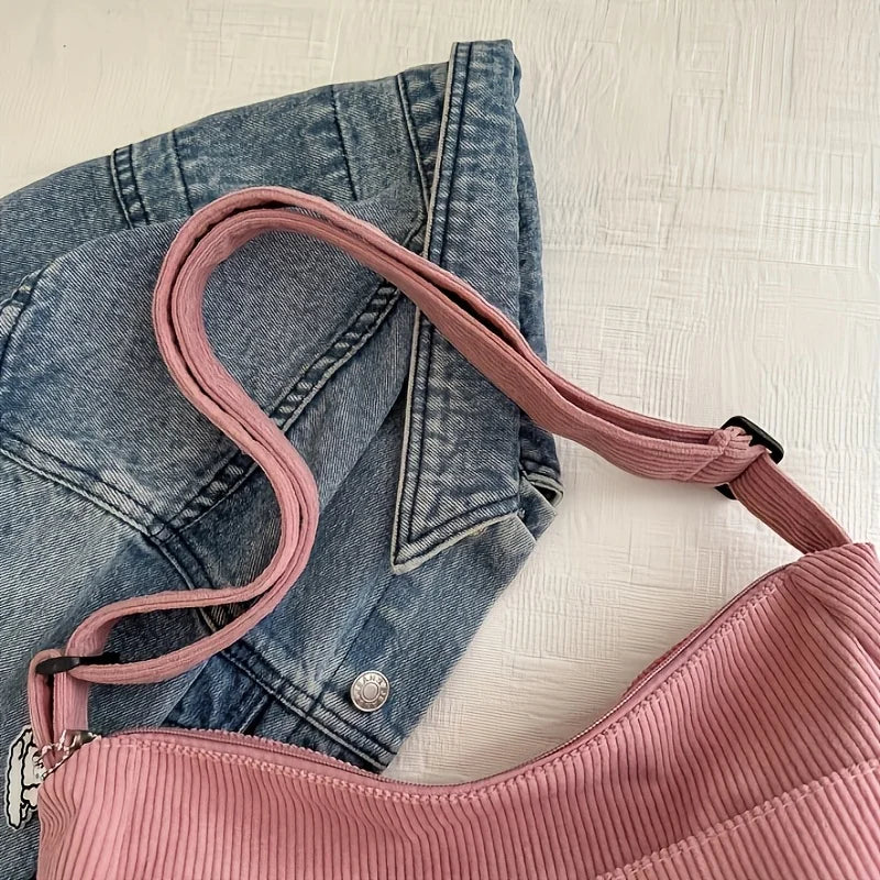 Women’s Corduroy Shoulder Bag Casual Striped Large Capacity Tote with Zipper Closure, Cute Hat Patch, Perfect for Everyday Use