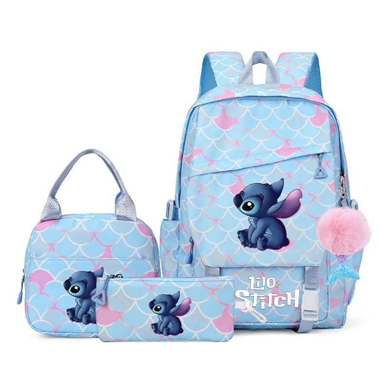 3Pcs Backpack Set Lilo Stitch Girl Kid Student Schoolbags Double Shoulder Bag Travel Pen Lunch Bag Kawaii Bookbag Laptop Bag Set