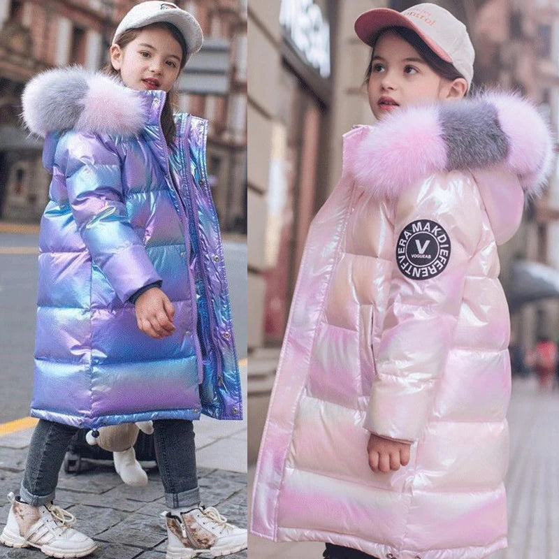 5-14 Years Old Winter Boys Girls Jacket Long Style Hooded Fur Collar Colorful Heavy Coat For Kids Children Outerwear