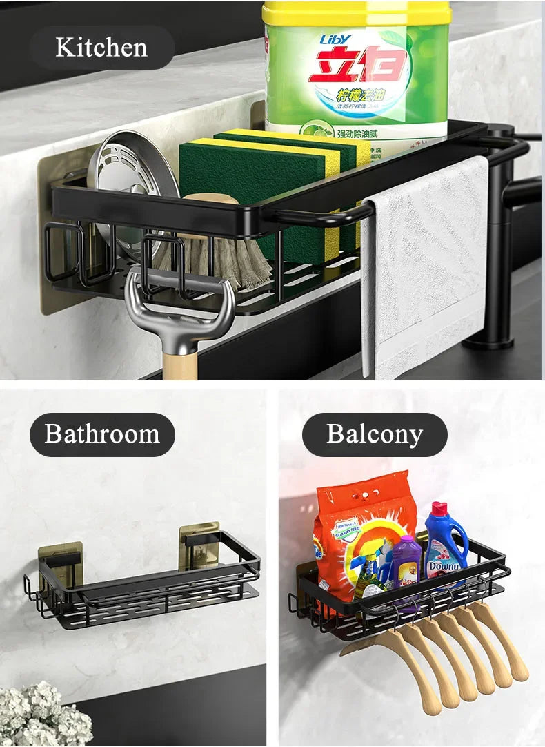 Aluminum Kitchen Storage Rack No-drill Sink Drain Rack Self-draining Sink Shelf Sponge Holder Dishcloth Towel Rack Filter Basket