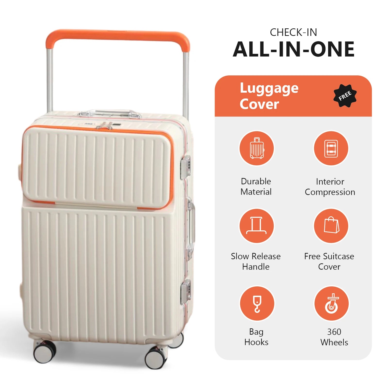 AIWEINY Luggage Aluminum Frame Hard Shell Trolley Case, TSA Lock, with Cup Holder and Phone Holder, USB, 20“-26”