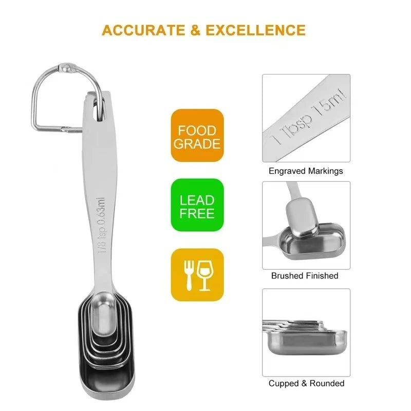 Metal Measuring Spoons for Narrow Spice Jars 6 Piece Measuring Spoons with Etched Markings & Removable Clasp