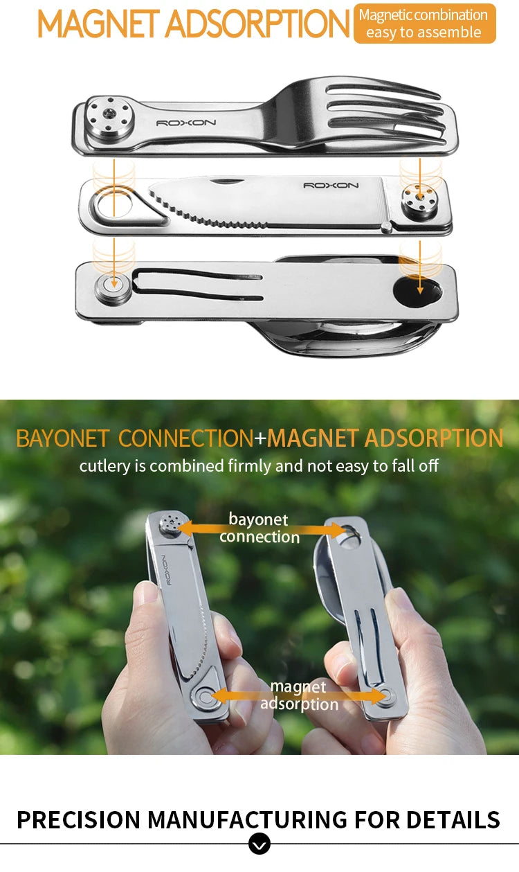 ROXON 3 IN 1 Camping Cutlery Set Knife Fork Spoon Stainless Steel Portable and Detachable