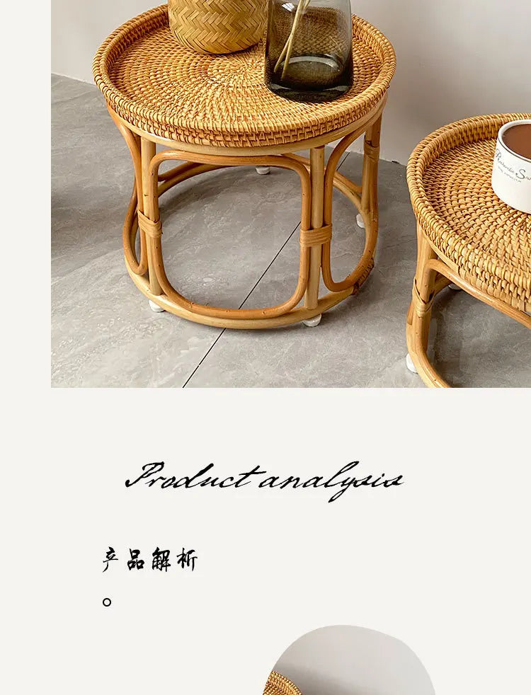 Handwoven Rattan Balcony Side Table Vintage Sofa Coffee Table  Durable Dessert and Snack Stand Japanese  Bedroom Organizer