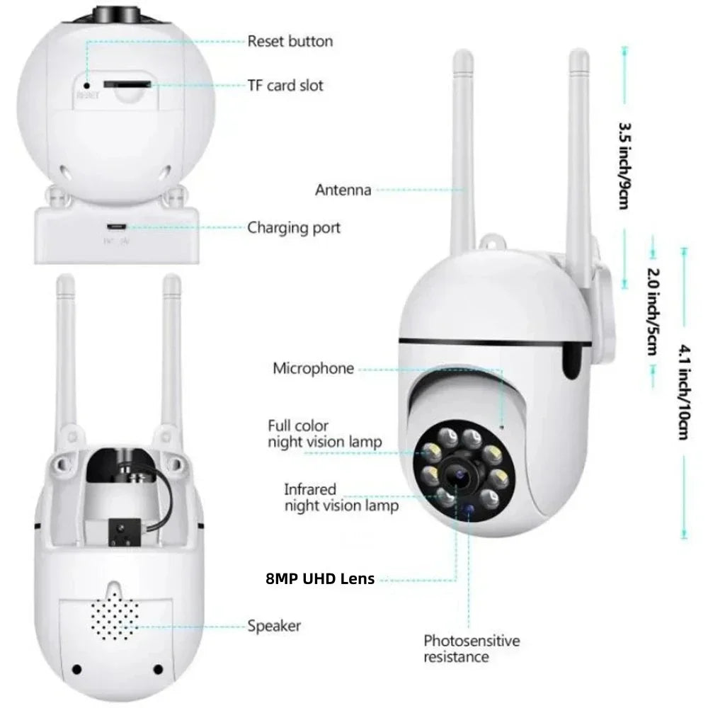 4K 8MP WiFi Wireless Monitor Camera Motion Detection Two-Way Audio Smart Home Security Protection 355°/90° Swivelling IP Camera