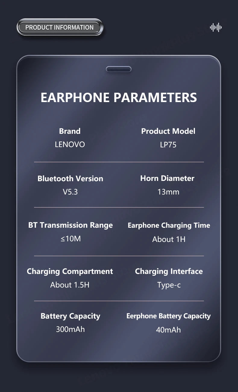 Choice Lenovo LP75 TWS Wireless Bluetooth V5.3 Earphones IPX5 Waterproof Ear Hook Earbuds HiFi Stereo Noise Reduction Headphones
