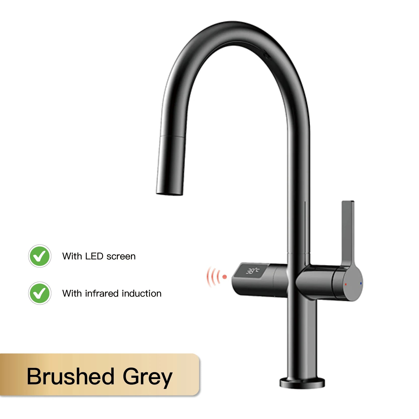 Luxury brass gun gray kitchen faucet LED digital sensing design single handle hot & cold water pull-out type 2-function sink Tap