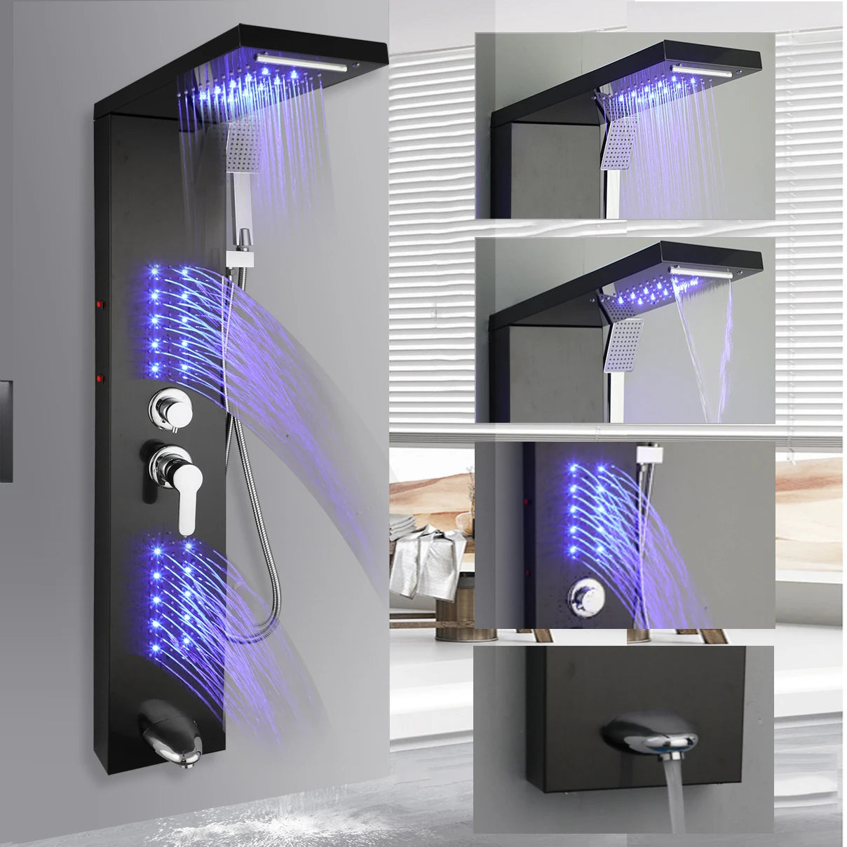 ZAPPO Shower Panel Tower System with LED Rainfall Waterfall Head LED Full Body Jets System Handheld Shower Column w/Tub Spout