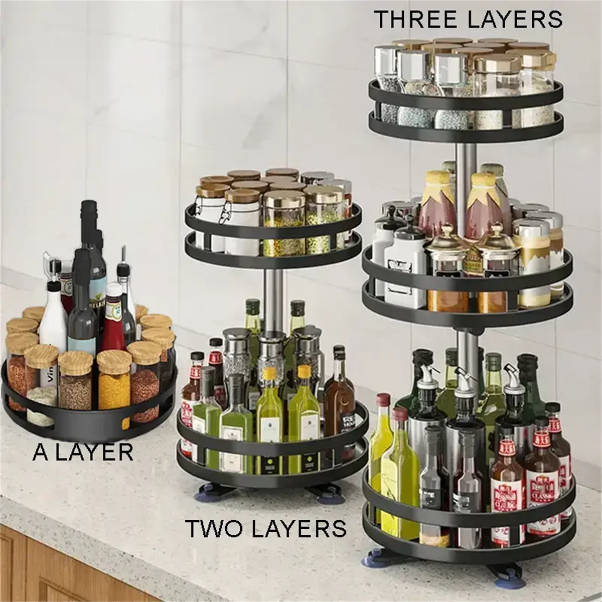 360°Rotation Spice Rack Organizer Jar Cans For Kitchen Accessories Non-Skid Carbon Steel Storage Tray For Seasonings And Spices