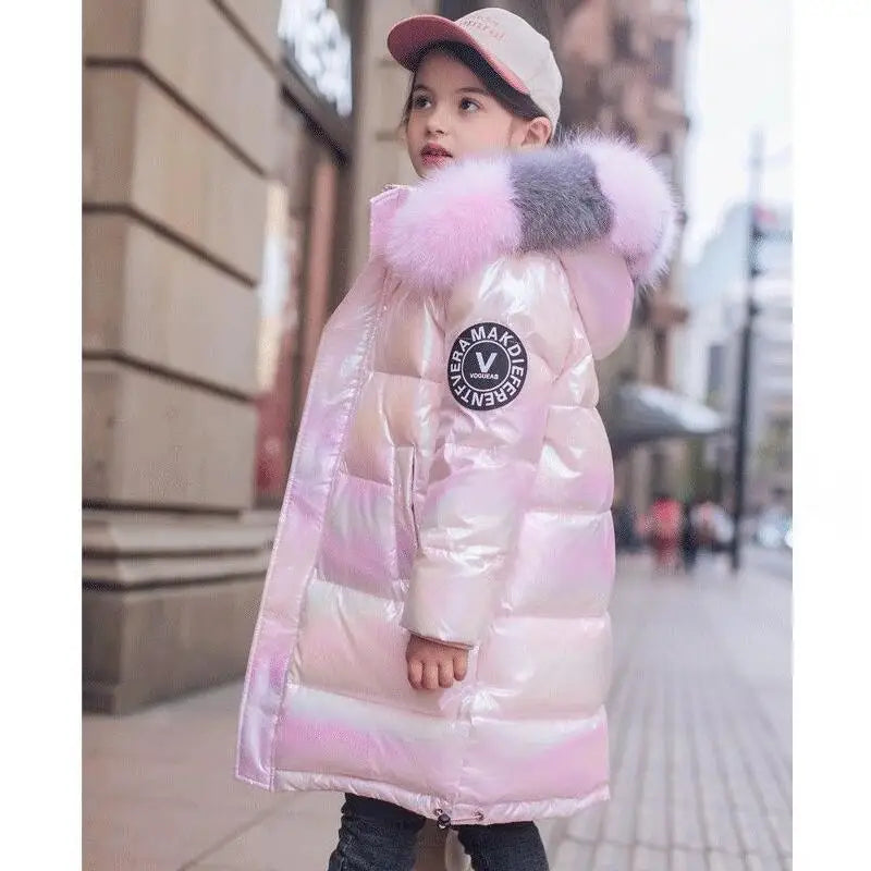 5-14 Years Old Winter Boys Girls Jacket Long Style Hooded Fur Collar Colorful Heavy Coat For Kids Children Outerwear