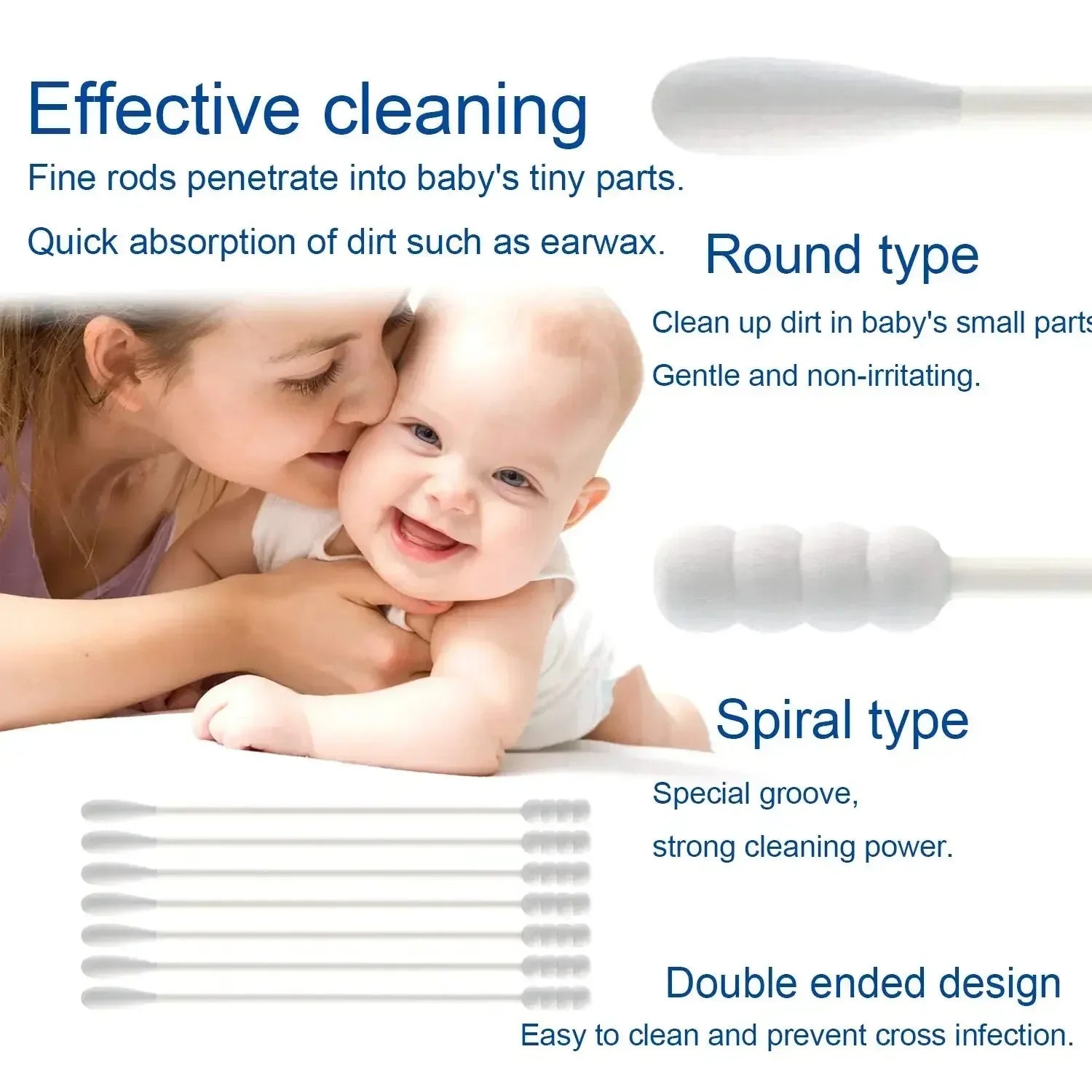 100pcs Per Pack, 5 Packs, Double-ended Cotton Swabs, Baby Cotton Swabs, Ear Cleaning Sticks, Healthy Cleaning Tools