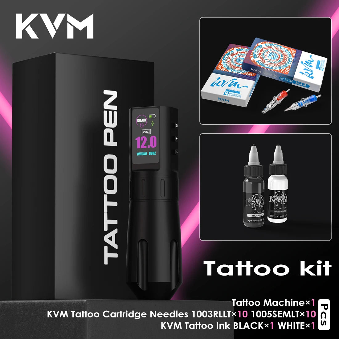 KVM Wireless Tattoo Pen Kit Tattoo Gun Kit Dual Mode Direct Drive IPS Screen Timer Function Battery 1800mAh Tattoo Machine Kit