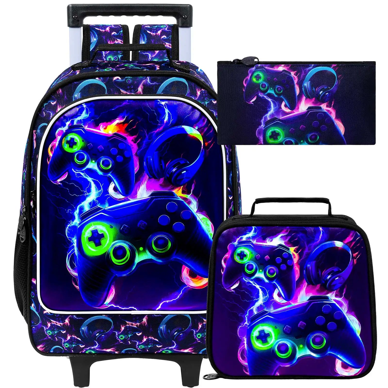 Rolling Backpack for Boys, 3PCS Kids Roller Bookbag with Lunch Bag, Wheeled School Bag for Children - Game Console