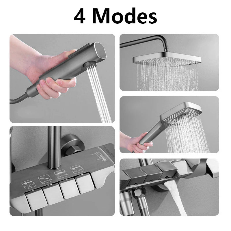 Cheap Gun Gray Bathroom Shower Faucet Set 4 Way ABS Hot and Cold Shower Crane Mixer Tap Bathtub Rainfall Showers System Full Set
