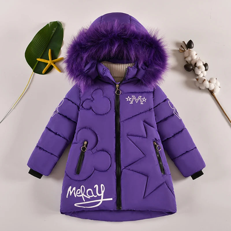 5-14 Years Old Winter Boys Girls Jacket Long Style Hooded Fur Collar Colorful Heavy Coat For Kids Children Outerwear