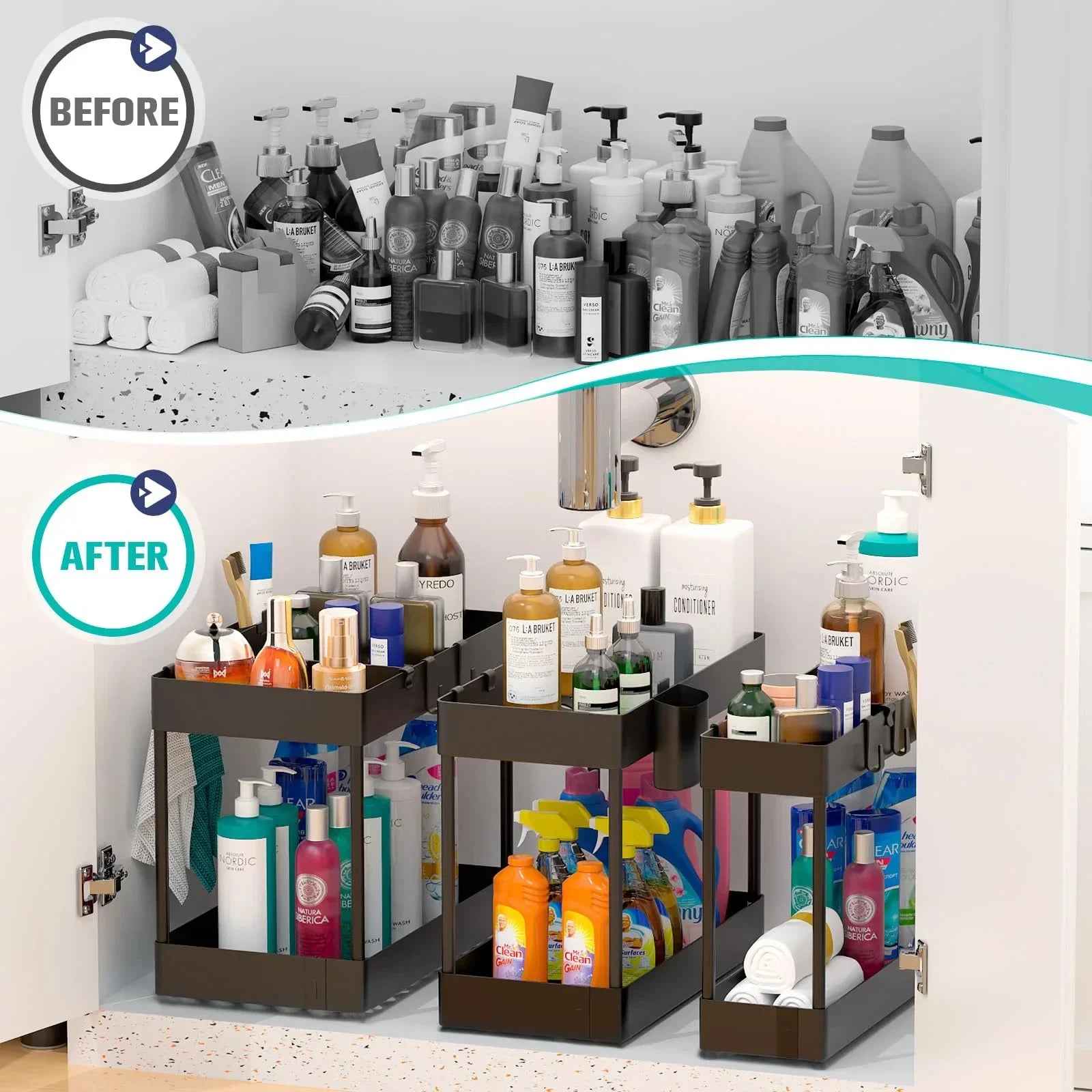 2 Tier Under Sink Organizer Sliding Cabinet Basket Organizer Storage Rack with Hooks Hanging Cup Bathroom Kitchen Organizer