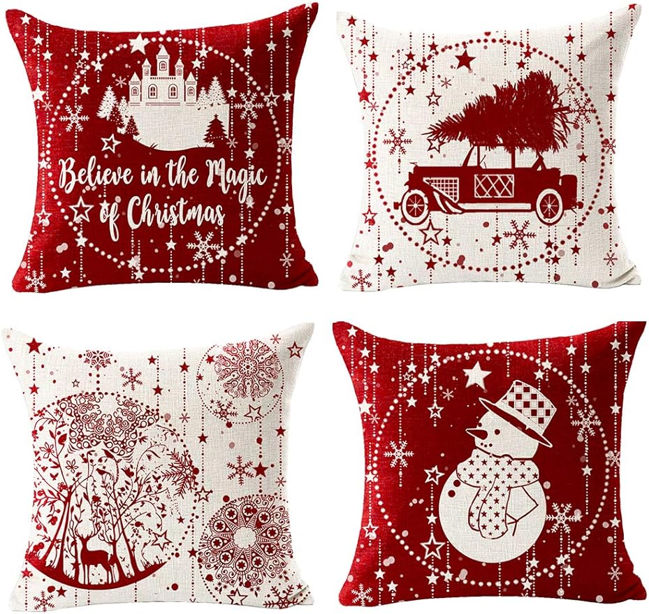 Merry Christmas Snowflake Ball Red Car with Tree Deer Happy Winter Linen Pillowcase Cushion Sofa Living Room