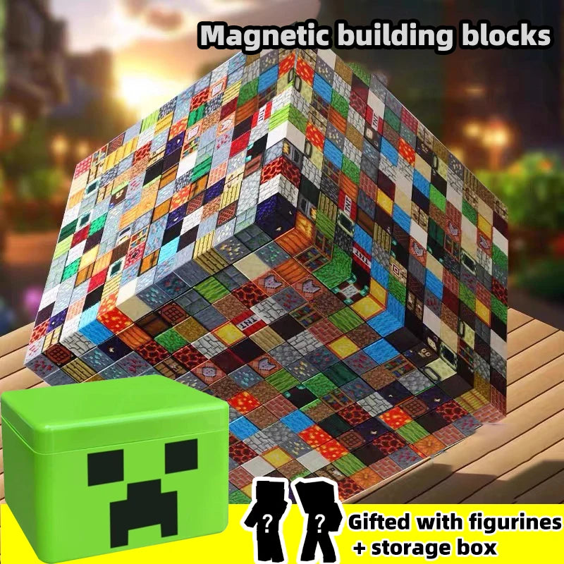Magnetic building block toy storage box set, with figurines included, children's DIY assembly toys, tabletop play blocks