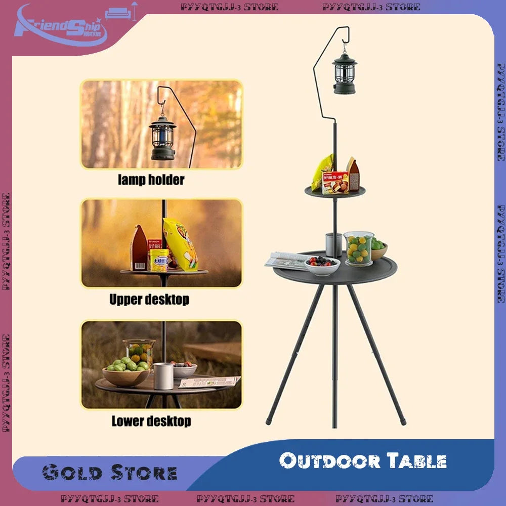 Tea Table Round Table with Lamp Outdoor Portable Stand Camping Elevated Leisure Foldable Picnic Garden Mini Coffee Dining Tables