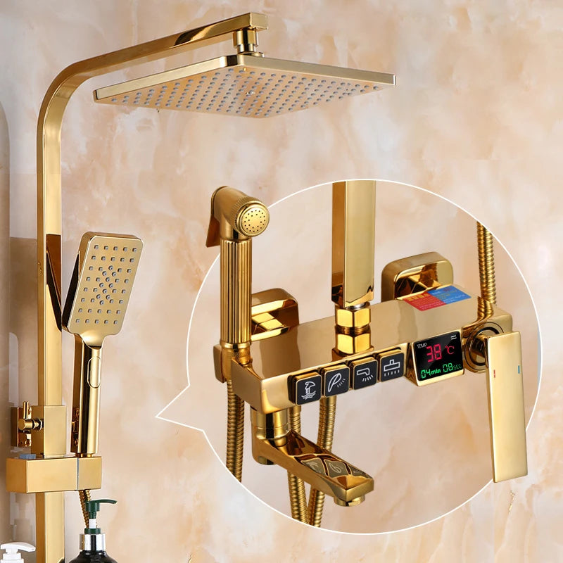 Thermostatic Digital Bathroom Shower Set Rainfall Shower Head Brass Bathroom Faucet Accessories Hot Cold Digital Shower System