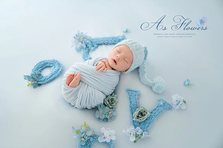 Blue Love Photography Theme Wrapping Props Knitted Night Cap Artificial Flower Photo Decoration Prop Studio Shooting Accessories