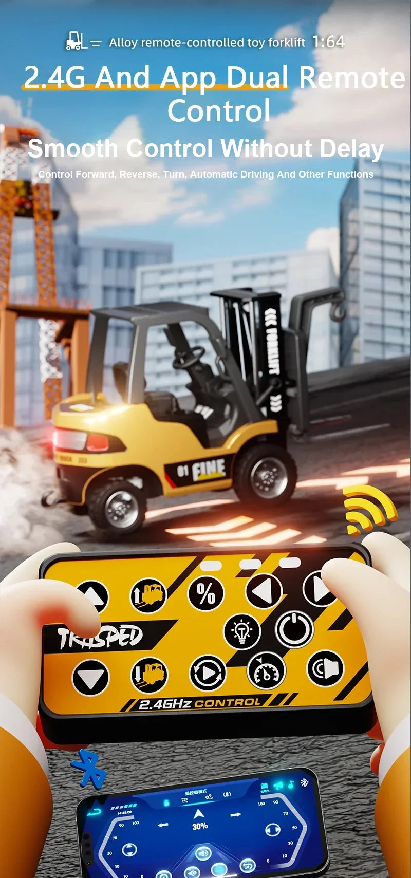 1/64 RC Trucks Alloy Forklift Mini APP 2.4G Rc Cars Remote Control Construction Engineer Vehicle Toys for Boys Adults Kids Gifts