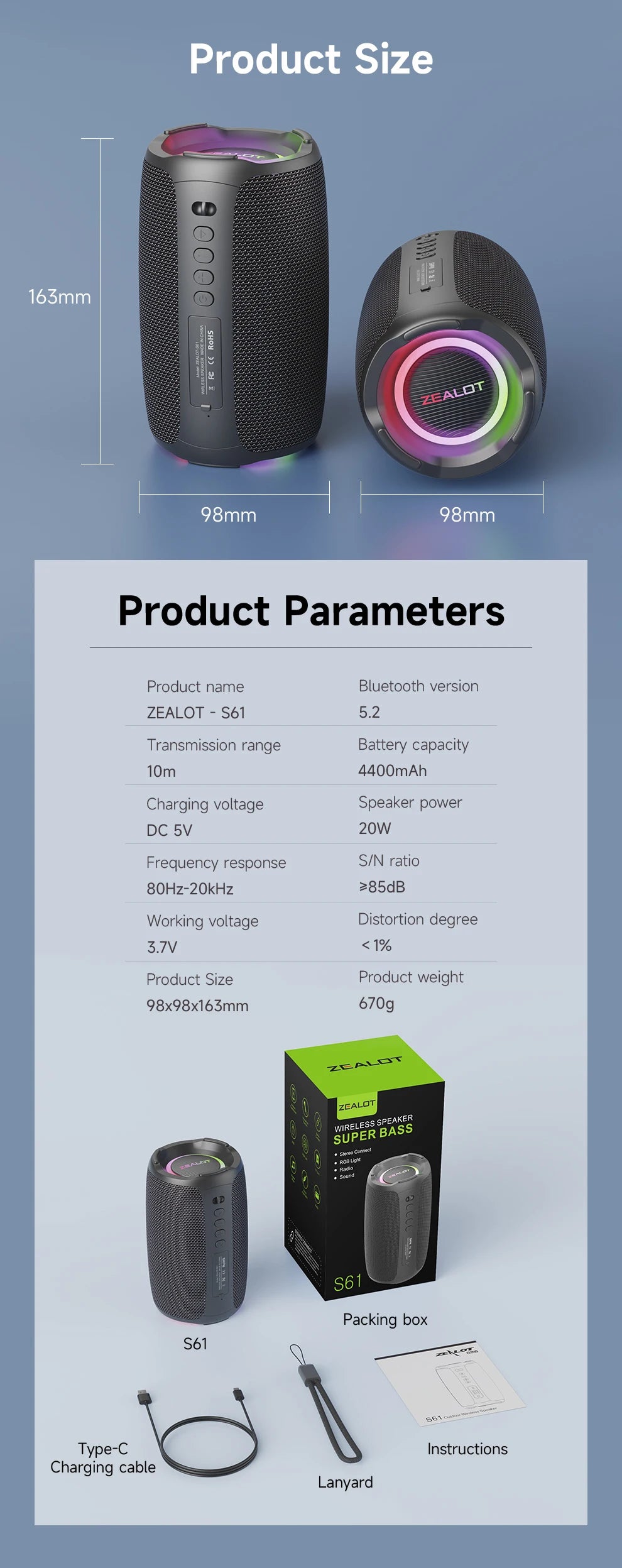 ZEALOT-S61 Bluetooth Speaker,with IPX6 Waterproof Protection and Outdoor Bass Sound for Backyard and Beach Party,10W Loudspeaker