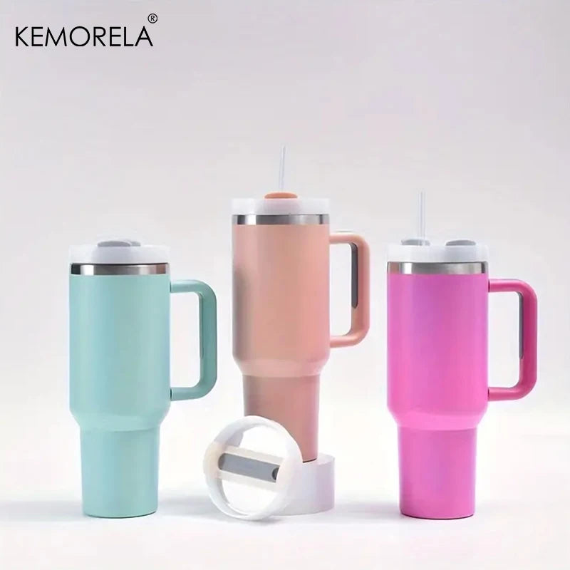 KEMORELA 1PC 900/1200ML Large Capacity Cold Cup Tumbler Stainless Steel Cup Straw Ice Cup Car Cup Handle Thermos Cup Drinkware