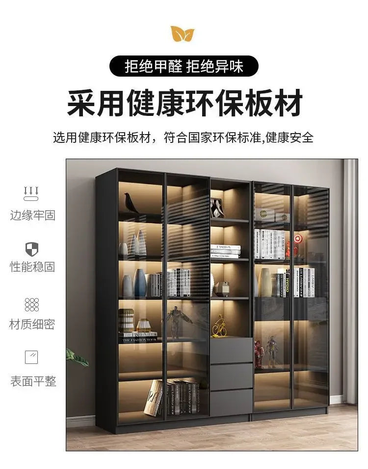 Modern Dust-Proof Bookcase with Glass Door Display Cabinet Modern Luxury Customized Home Living Room Integrated Bookshelf