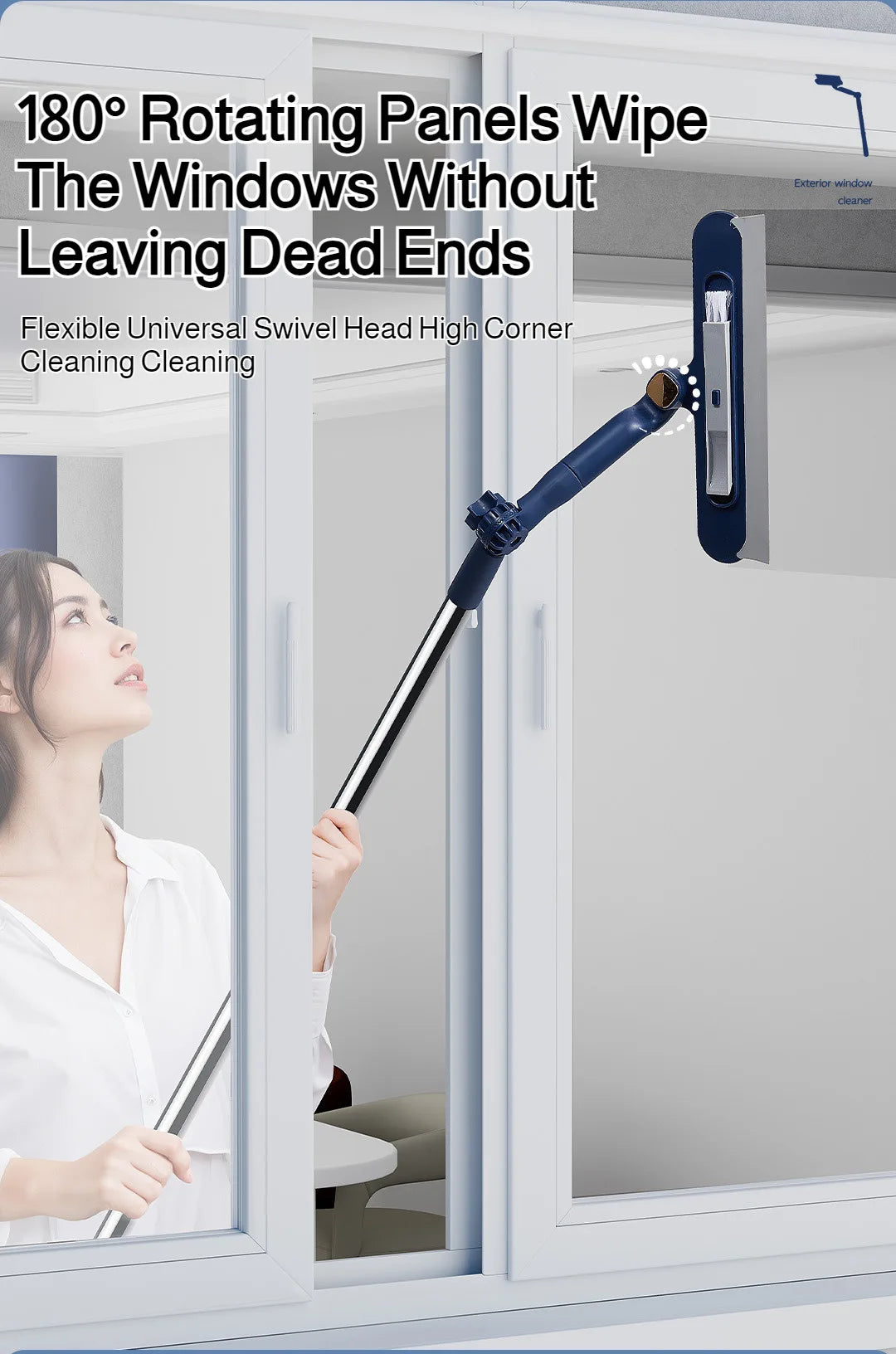 2in1 Highrise Glass Brush Window with Squeegee and Mini Brush Rotatable Glass Wiper Home Cleaning Tool for Glass,Walls and Floor