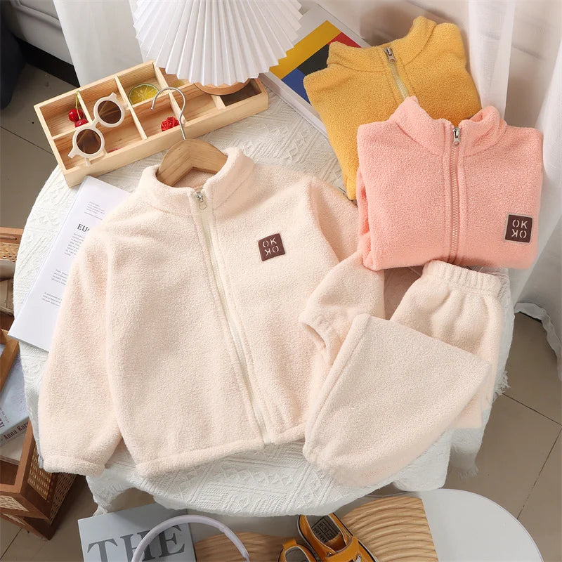 Plush Sets Children Autumn Winter Warm Fleece Suits Baby Thickened Cardigan Top+Pants 2Pcs Outfits Boys Girls Homewear Clothing