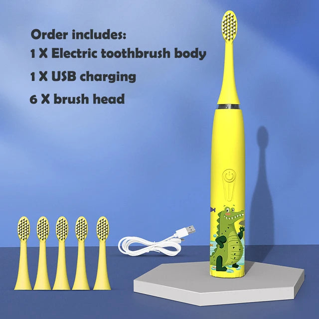 Children Electric Toothbrush Cartoon Kids With Replacement Head Ultrasonic  IPX7 Waterproof Rechargeable Sonic Toothbrush
