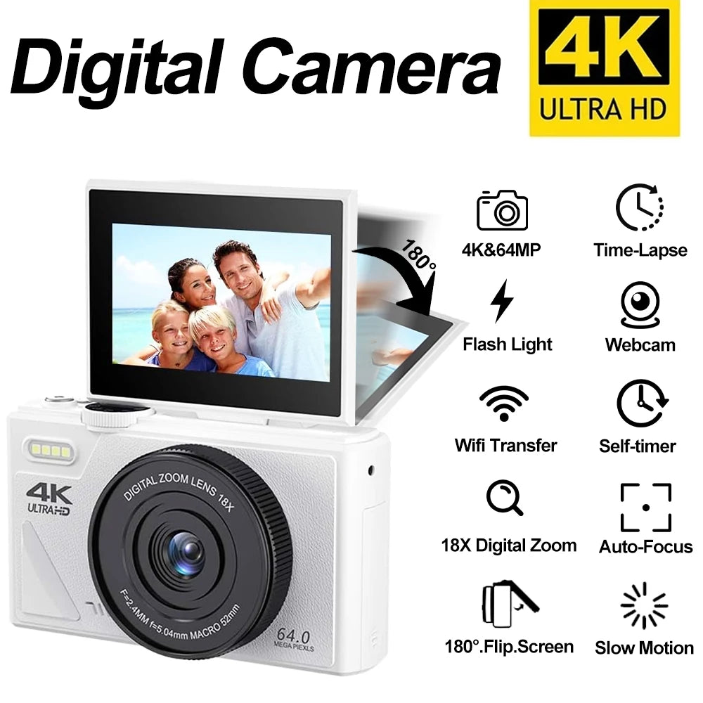 64MP Digital Photography Camera 3.0" Flip Screen WIFI 18X Digital Zoom 4K Vintage Vlog Video Recorder YouTube Webcam Cameras