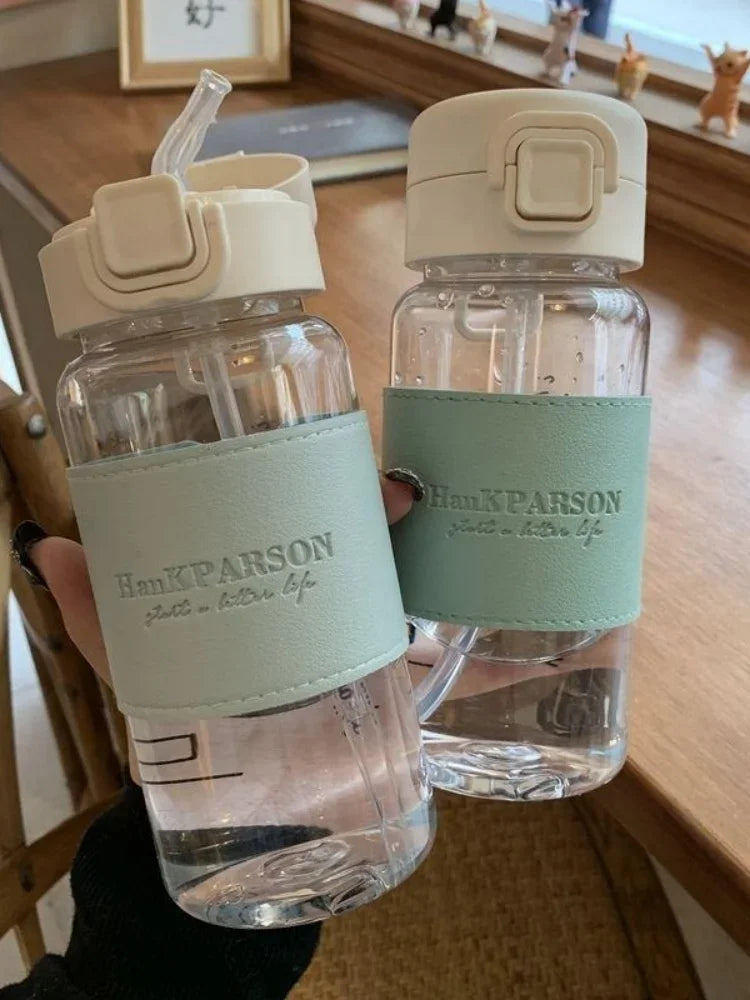 500ml Portable Water Bottle with Straw Creative Cute Leak-proof Plastic Drinking Bottle Milk Coffee Tea Juice Cup Drinkware