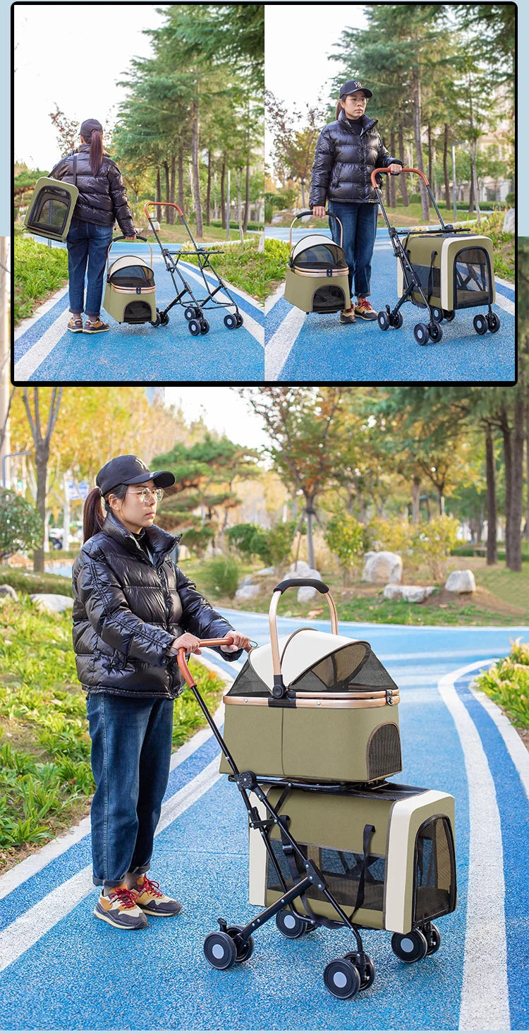 Detachable Double-decker Pet Stroller Cat and Dog Outdoor Stroller Lightweight Foldable Pet Stroller Portable Pet Basket