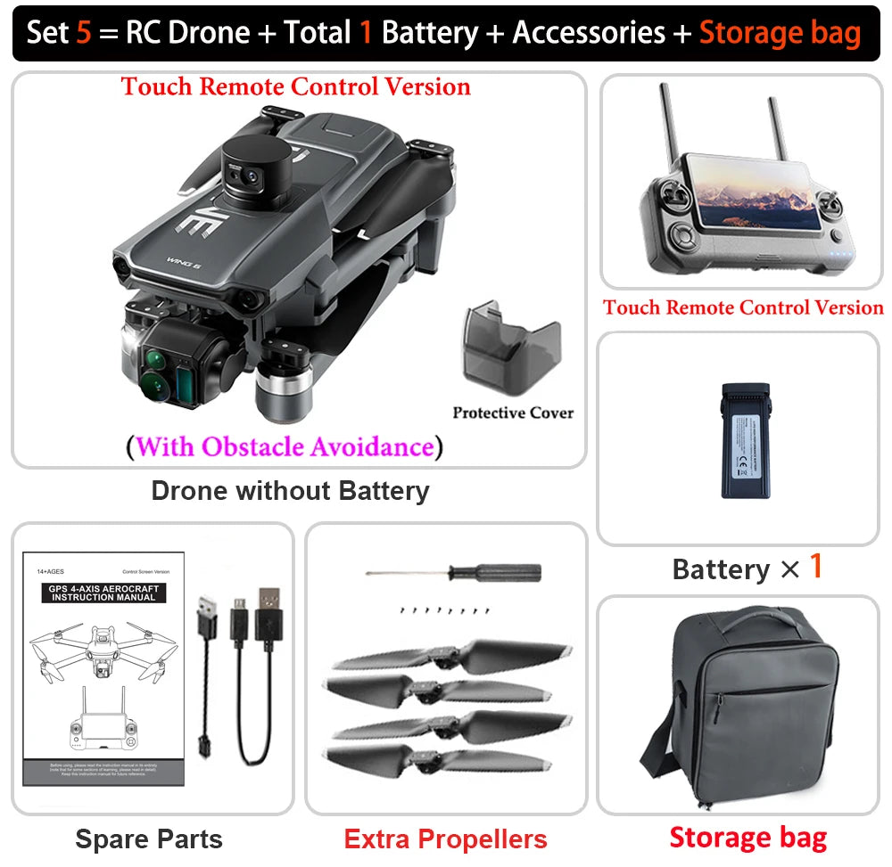 New Wing 6 Drone 8K Camera 3-Axis Gimbal WIFI Obstacle Avoidance FPV Brushless Touch Screen Remote Control Quadcopter Toys Gifts