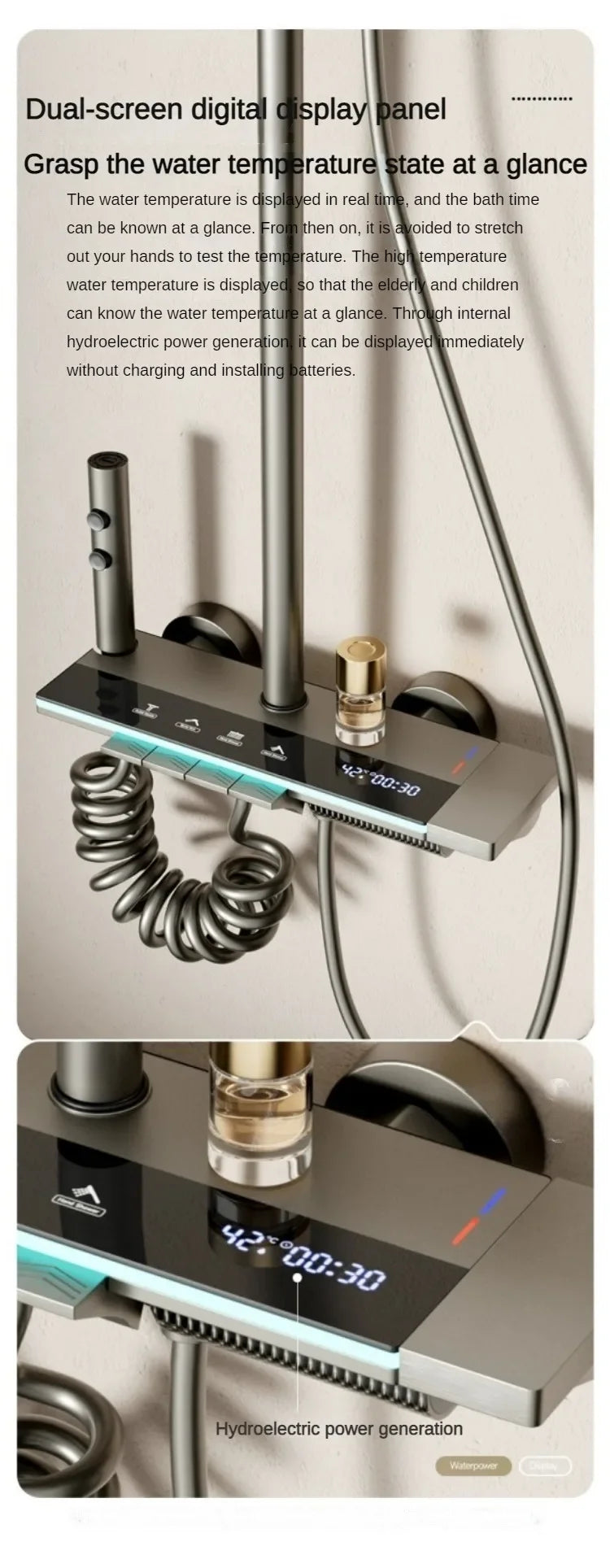 Grey shower Set Four-Function Smart Digital Display  Shower System Rainfall Pressurized Wall-mounted Piano Key Shower Faucet Set