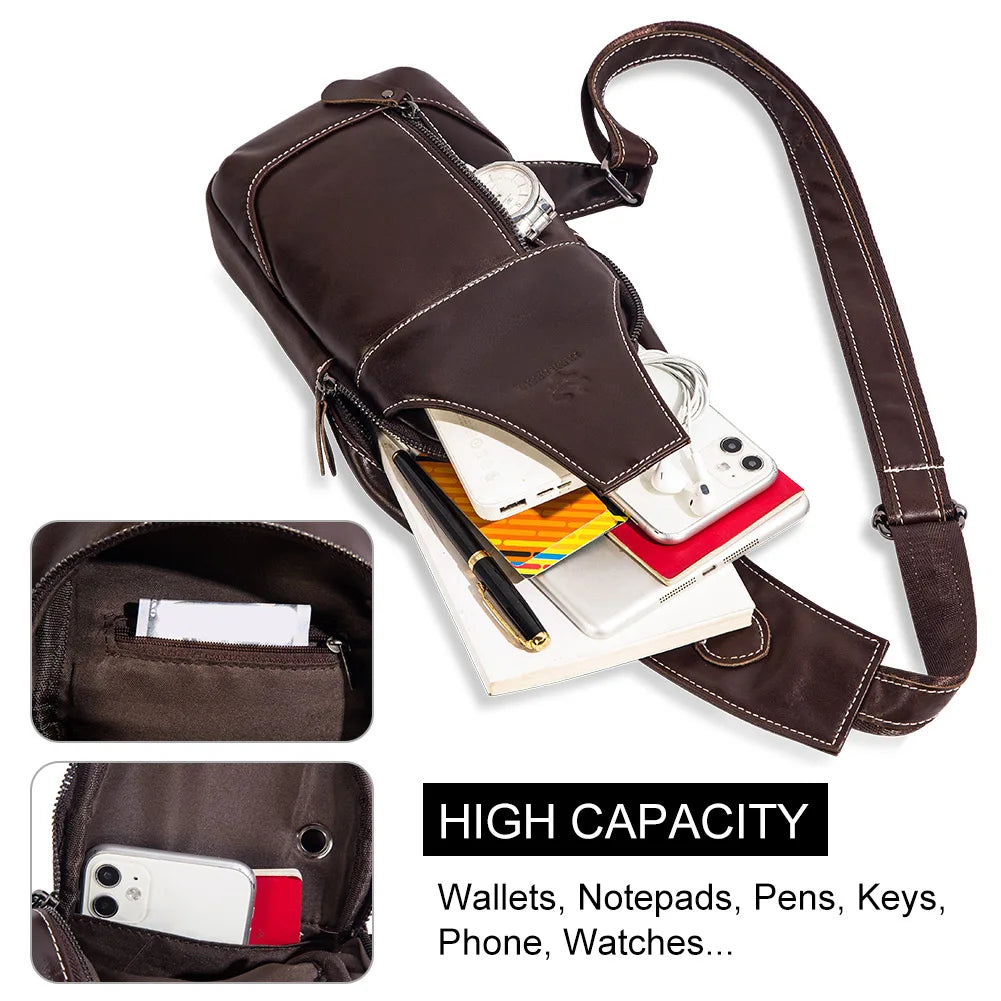 HUMERPAUL New Men's Chest Bag Crossbody Pack Genuine Leather Large Capacity Casual Messenger Bag Retro Men Handbag Shoulder Bag