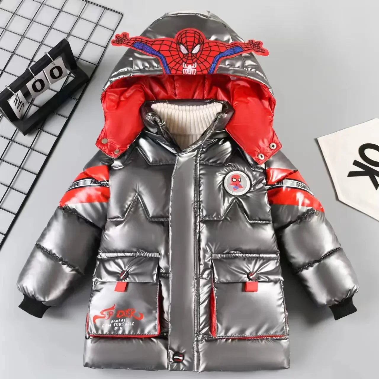 2025 Winter Kids Down Jacket Baby Boy Cartoon Spiderman Thicken Cotton-Padded Warm Hooded Parka Coat Children Clothing Outerwear